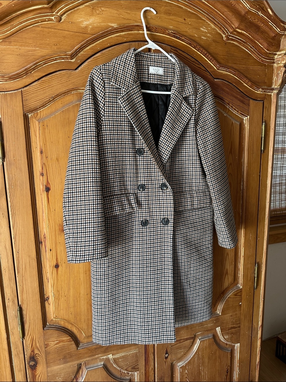 Sage The Label Houndstooth Coat Long Jacket S/M Wool Blend